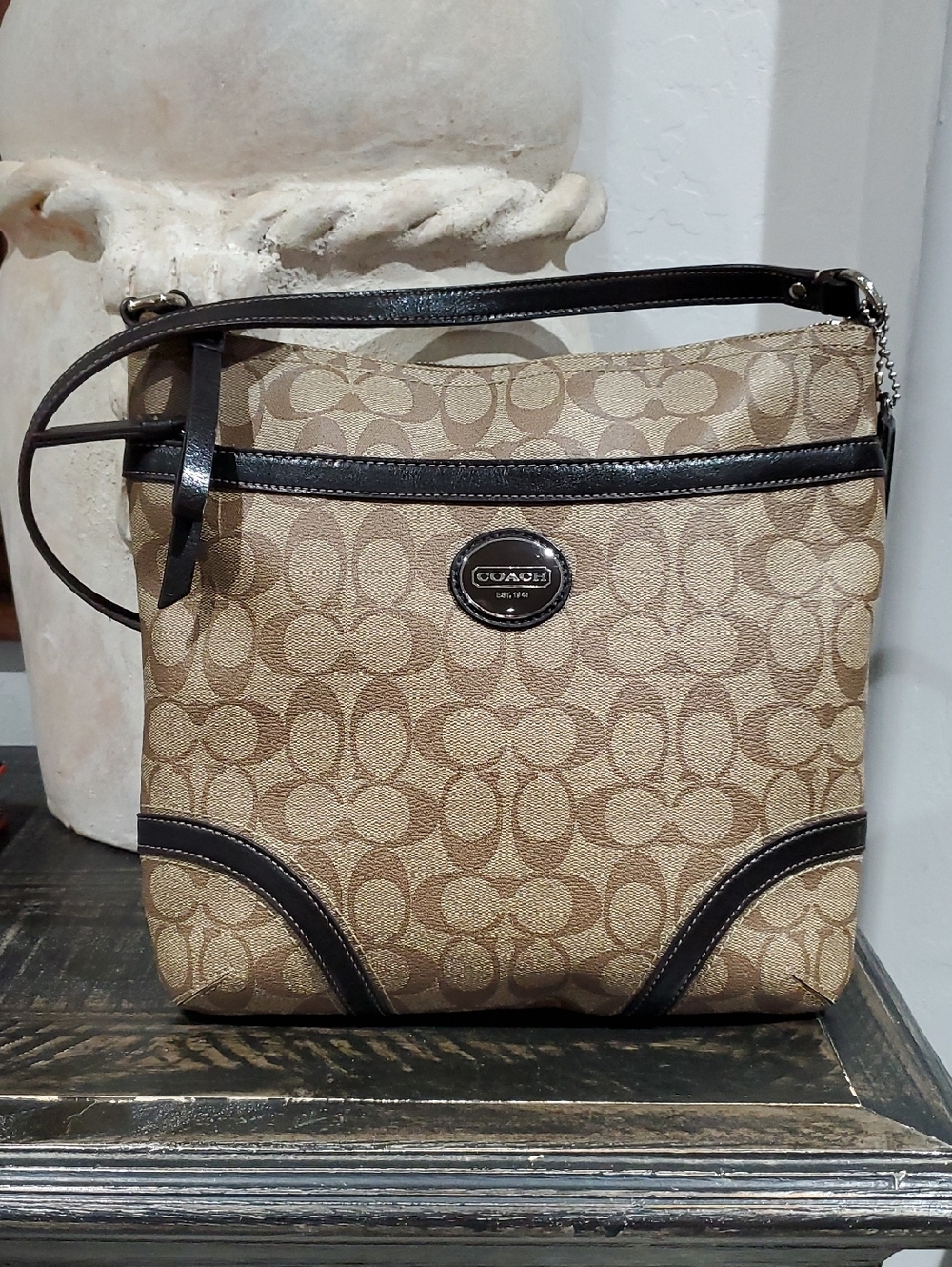 Coach Tan Signature Leather Shoulder Bag with Dark Brown Trim Adjustable Strap